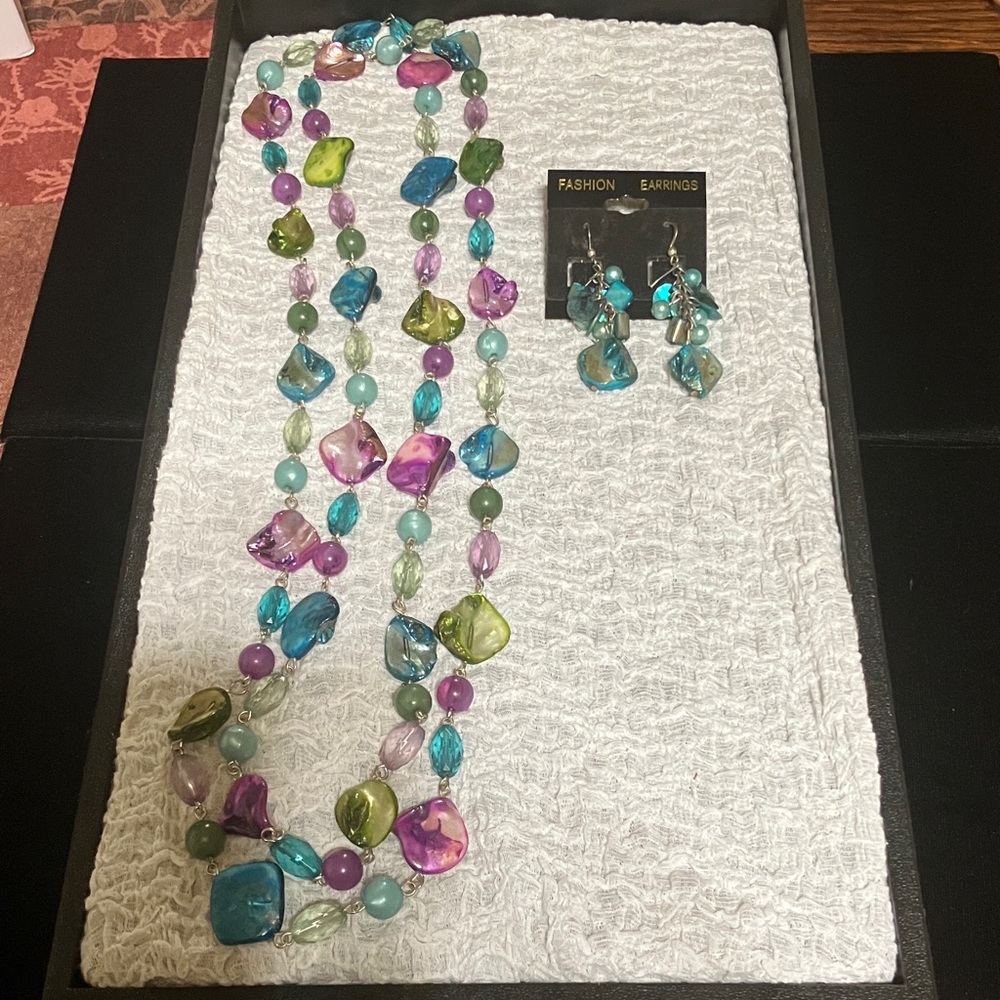 Colorful Glass Bead Necklace and Earrings Set - Multicolor